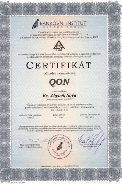 Zbyněk Sova - Certifikát odhadce nemovitostí