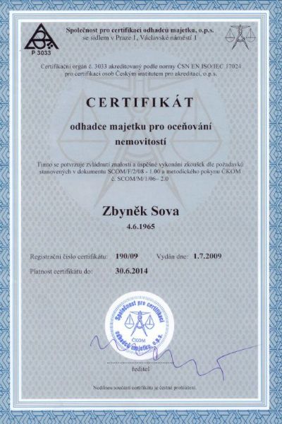 Zbyněk Sova - Certifikát odhadce majetku